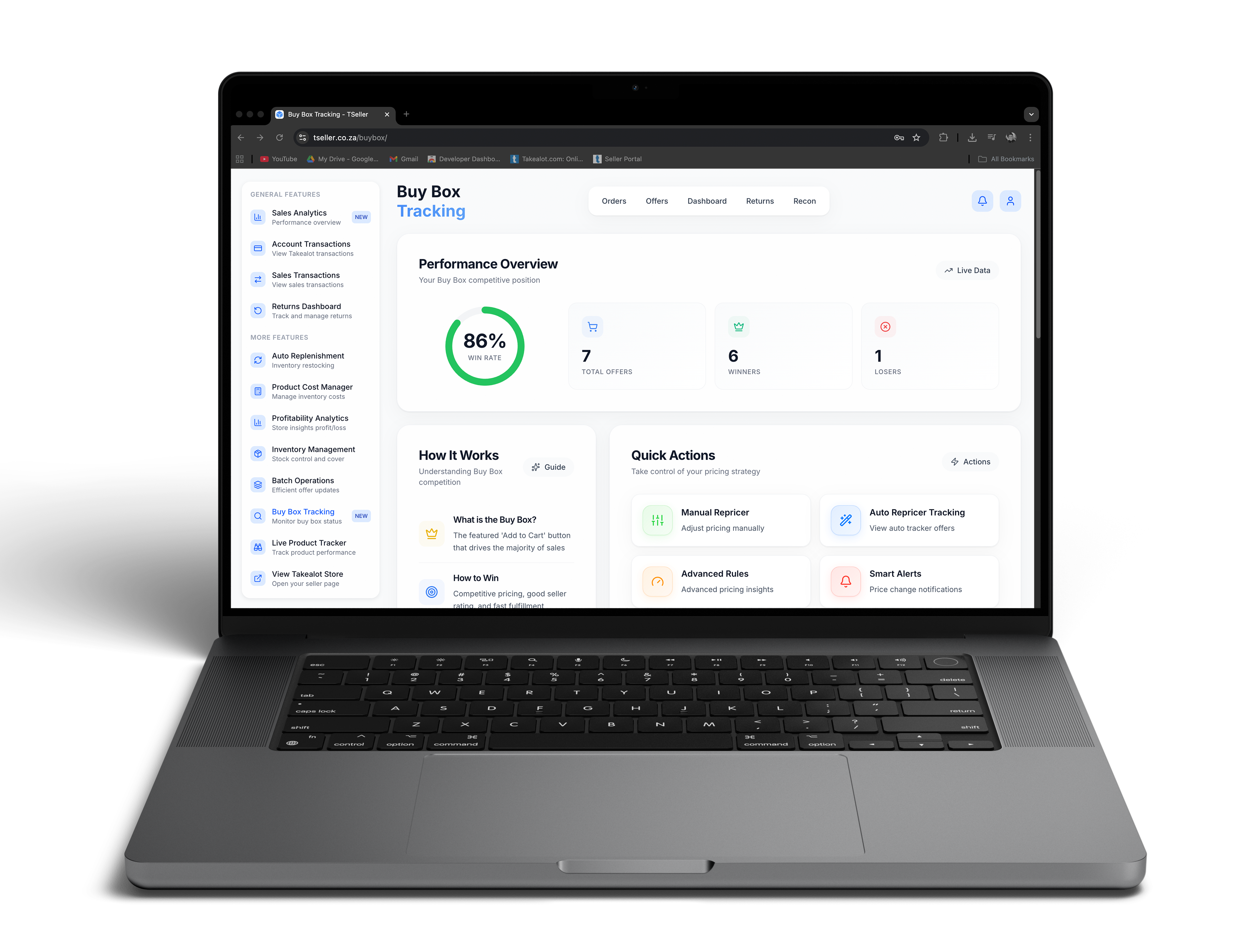 Takealot buy box tracking dashboard with automated repricing and competitor price monitoring every 6 minutes