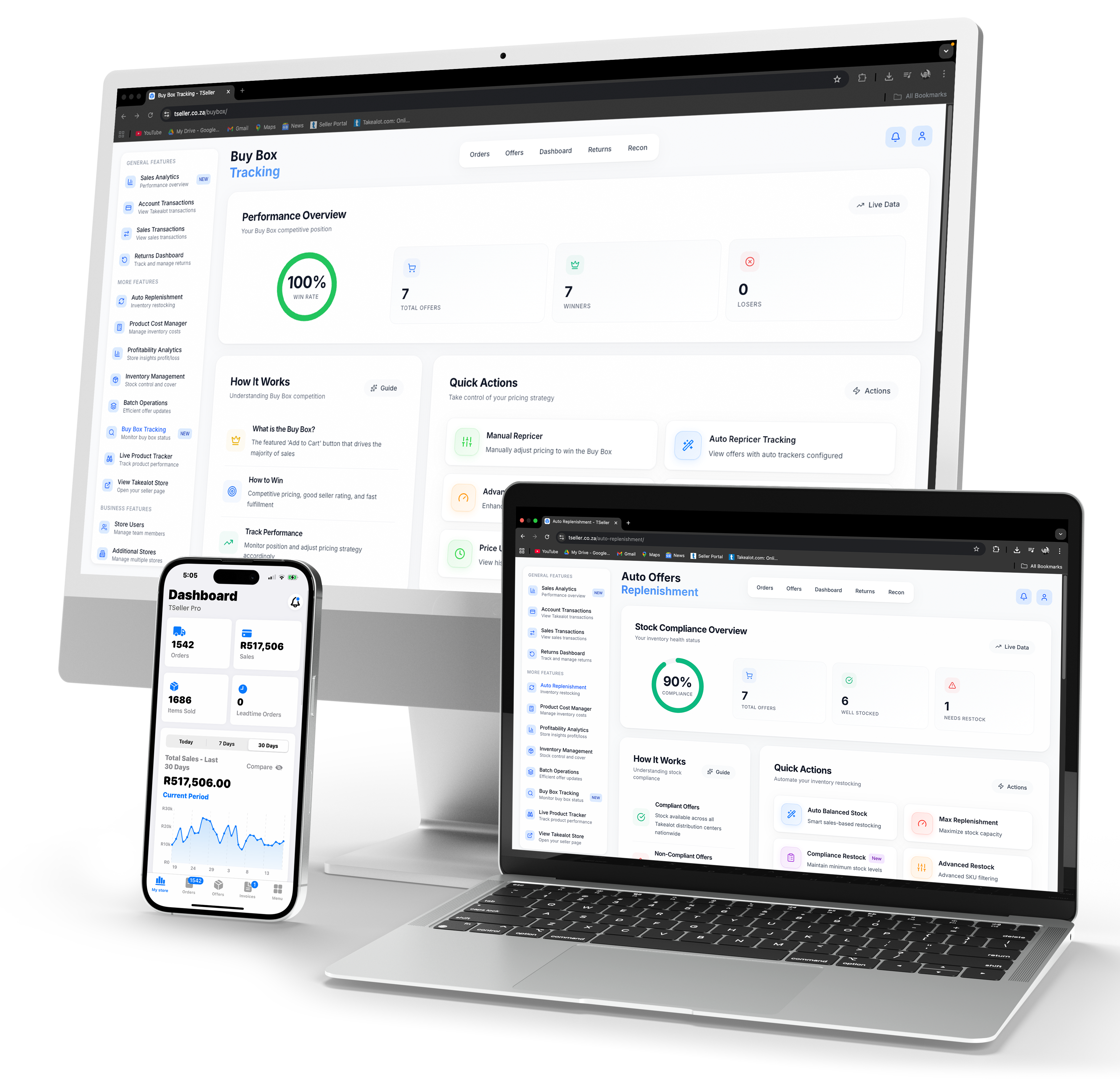 TSeller cross-platform compatibility - web dashboard, iOS app, Android app, and Chrome extension for Takealot sellers